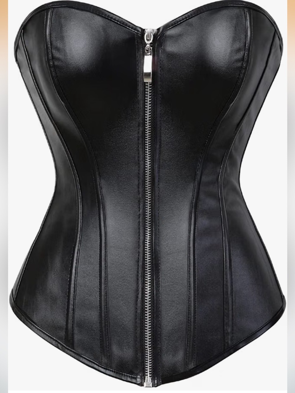 Black Faux Leather Zip-Front Strapless Corset